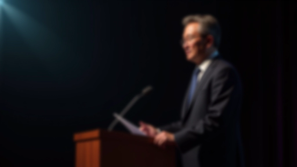 Presenter on stage addressing audience, confident body language, warm stage lighting, professional setting