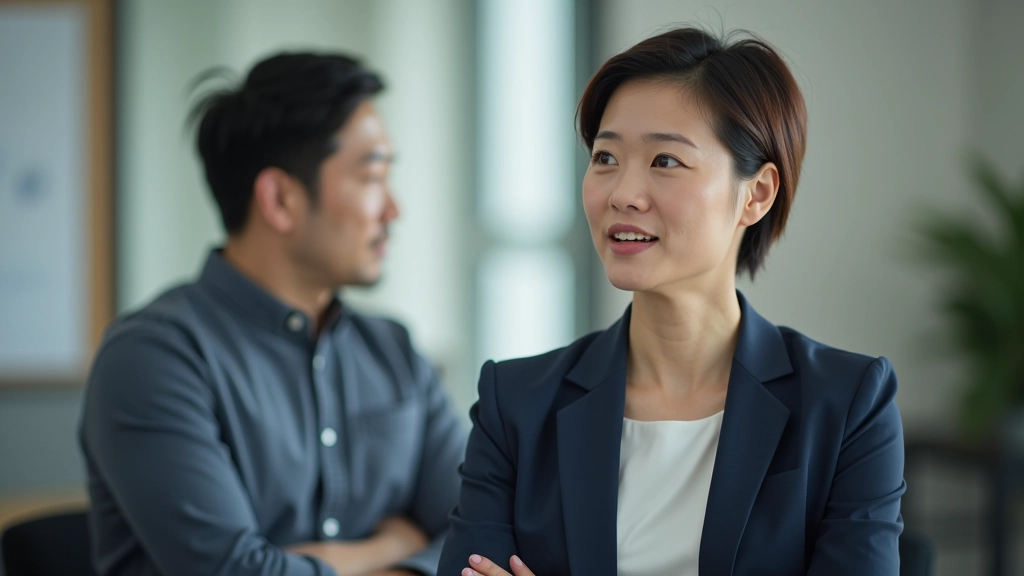 Two colleagues in conversation, one asking a thoughtful question with engaged body language